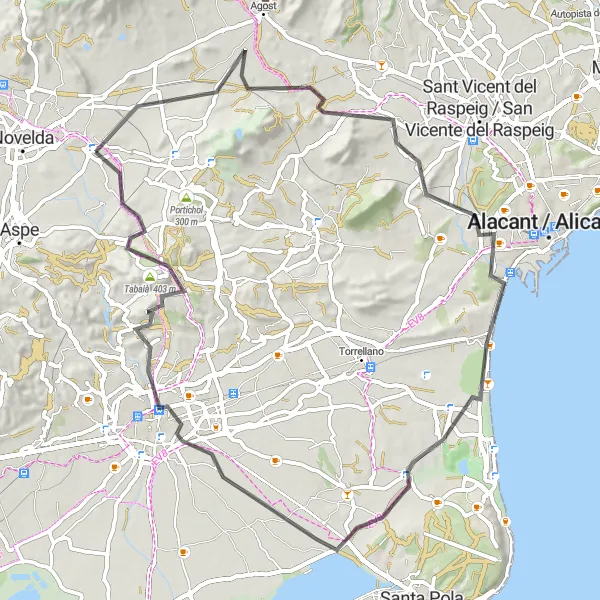 Miniatura della mappa di ispirazione al ciclismo "Tour in bicicletta attraverso paesaggi mozzafiato" nella regione di Comunitat Valenciana, Spain. Generata da Tarmacs.app, pianificatore di rotte ciclistiche