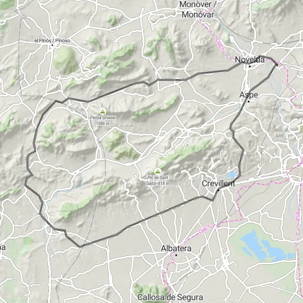 Miniaturní mapa "Okružní cyklotrasa 'Monforte del Cid - Aspe - Abanilla - Novelda'" inspirace pro cyklisty v oblasti Comunitat Valenciana, Spain. Vytvořeno pomocí plánovače tras Tarmacs.app