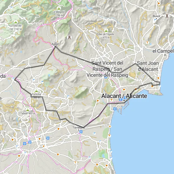 Miniatuurkaart van de fietsinspiratie "Route van Monforte del Cid naar Agost via San Vicente del Raspeig" in Comunitat Valenciana, Spain. Gemaakt door de Tarmacs.app fietsrouteplanner