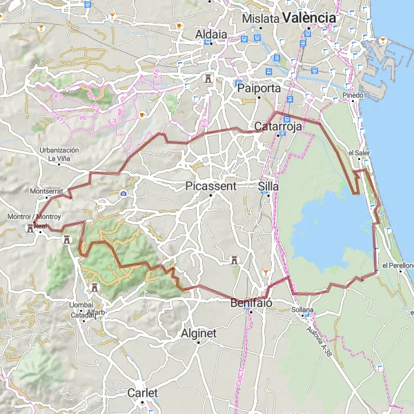 Miniatua del mapa de inspiración ciclista "Ruta de Gravel desde Montroi" en Comunitat Valenciana, Spain. Generado por Tarmacs.app planificador de rutas ciclistas