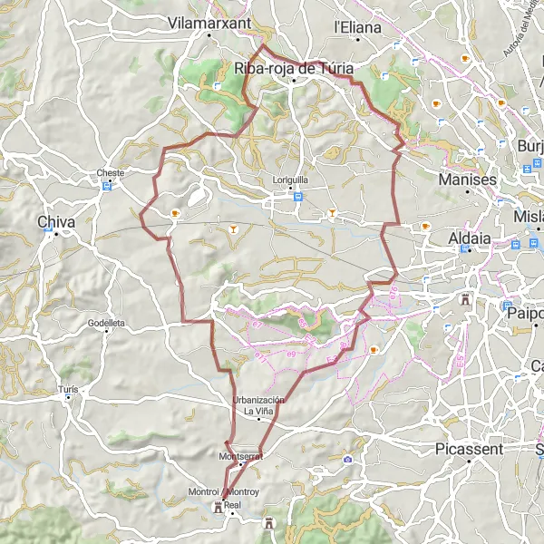 Miniaturní mapa "Gravel Montserrat - La Venteta Loop" inspirace pro cyklisty v oblasti Comunitat Valenciana, Spain. Vytvořeno pomocí plánovače tras Tarmacs.app