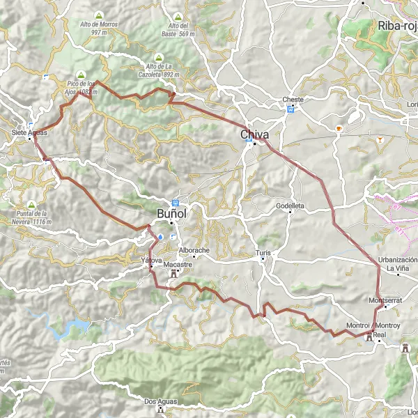 Miniature de la carte de l'inspiration cycliste "Les Collines de Valence" dans la Comunitat Valenciana, Spain. Générée par le planificateur d'itinéraire cycliste Tarmacs.app