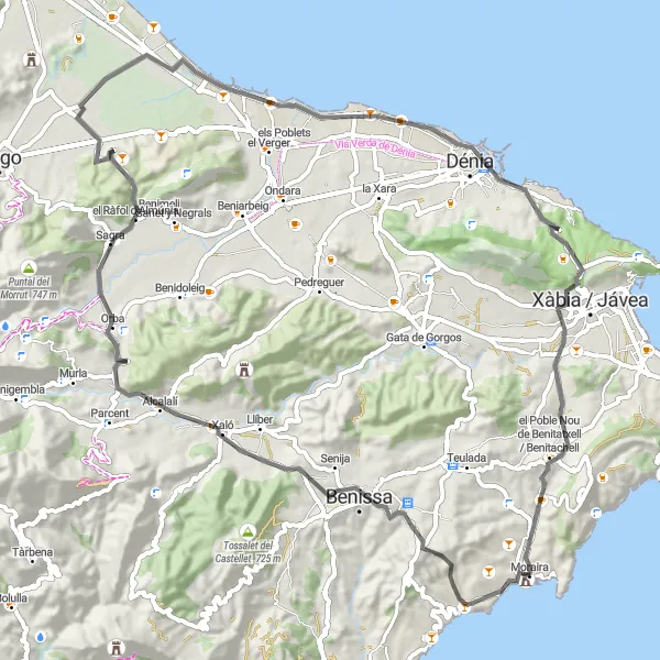 Miniatura della mappa di ispirazione al ciclismo "Percorso in bicicletta da Moraira a Tossal del Perdigó - El Portet - El Ràfol d'Almúnia - Platja Almadrava - Castell de Dénia - Torre del Consell - Benitatxell" nella regione di Comunitat Valenciana, Spain. Generata da Tarmacs.app, pianificatore di rotte ciclistiche