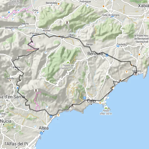Miniatura della mappa di ispirazione al ciclismo "Giro in bicicletta da Moraira a Benissa" nella regione di Comunitat Valenciana, Spain. Generata da Tarmacs.app, pianificatore di rotte ciclistiche
