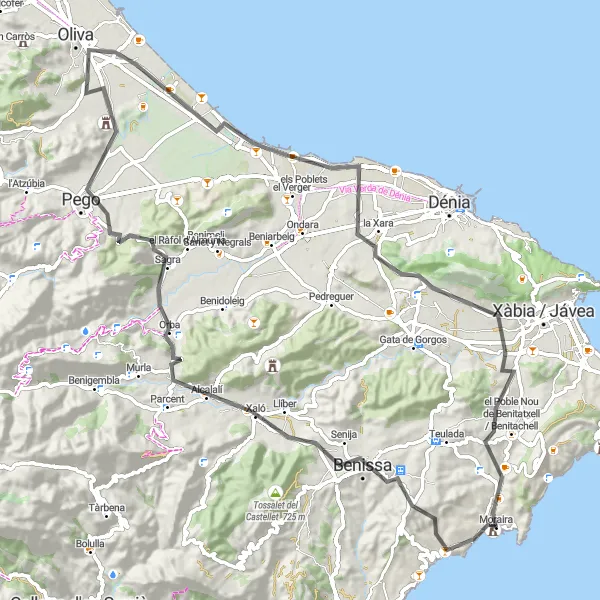 Map miniature of "Orba and la Xara Loop" cycling inspiration in Comunitat Valenciana, Spain. Generated by Tarmacs.app cycling route planner