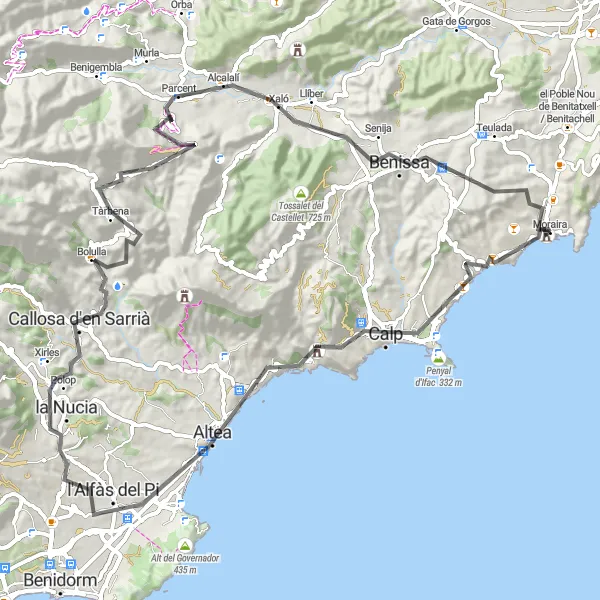 Map miniature of "Moraira to Coll de Rates" cycling inspiration in Comunitat Valenciana, Spain. Generated by Tarmacs.app cycling route planner