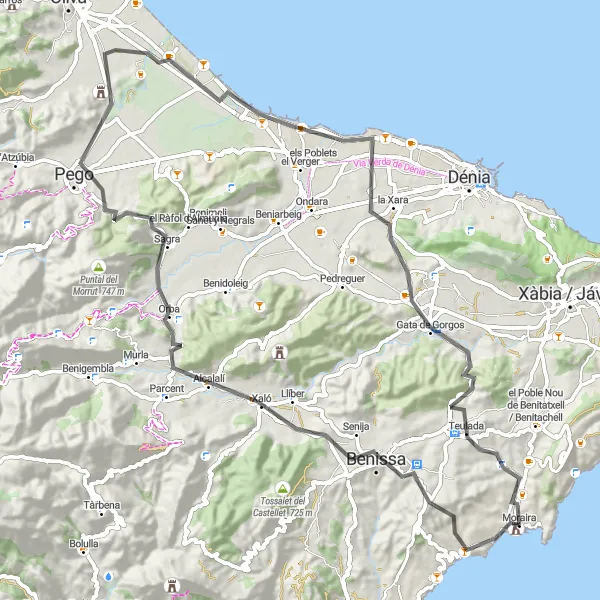 Miniatua del mapa de inspiración ciclista "Ruta de Ciclismo de Carretera desde Moraira" en Comunitat Valenciana, Spain. Generado por Tarmacs.app planificador de rutas ciclistas