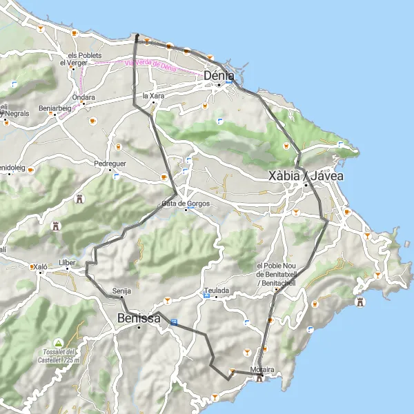 Miniatura della mappa di ispirazione al ciclismo "Itinerario ciclabile da Benissa a Muntanya dels Surdas - Xara - Torre del Consell - Dénia - Xàbia - Poble Nou de Benitatxell - Plà del Mar" nella regione di Comunitat Valenciana, Spain. Generata da Tarmacs.app, pianificatore di rotte ciclistiche