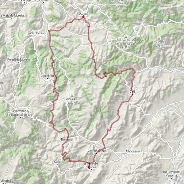 Miniature de la carte de l'inspiration cycliste "Les Châteaux et Villages de Montagne" dans la Comunitat Valenciana, Spain. Générée par le planificateur d'itinéraire cycliste Tarmacs.app