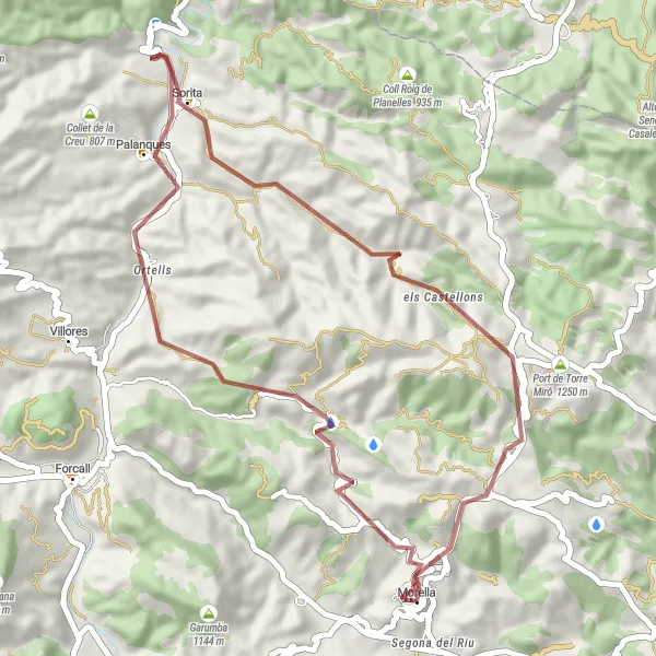 Miniatura della mappa di ispirazione al ciclismo "Giro in bicicletta da Morella a Roquetes del Puig del Rei e ritorno" nella regione di Comunitat Valenciana, Spain. Generata da Tarmacs.app, pianificatore di rotte ciclistiche