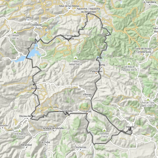 Miniatua del mapa de inspiración ciclista "Ruta en bicicleta por carretera: Montañas y Pueblos" en Comunitat Valenciana, Spain. Generado por Tarmacs.app planificador de rutas ciclistas