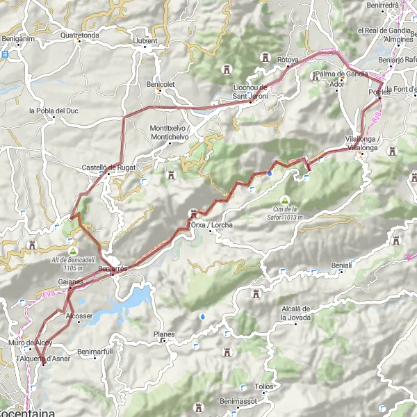 Miniaturní mapa "Trasa do kopcovitého Beniarrés" inspirace pro cyklisty v oblasti Comunitat Valenciana, Spain. Vytvořeno pomocí plánovače tras Tarmacs.app