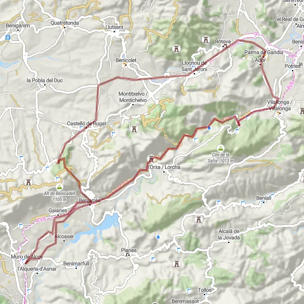 Miniatua del mapa de inspiración ciclista "Ruta en Bicicleta de Grava aventurera cerca de Muro del Alcoy" en Comunitat Valenciana, Spain. Generado por Tarmacs.app planificador de rutas ciclistas