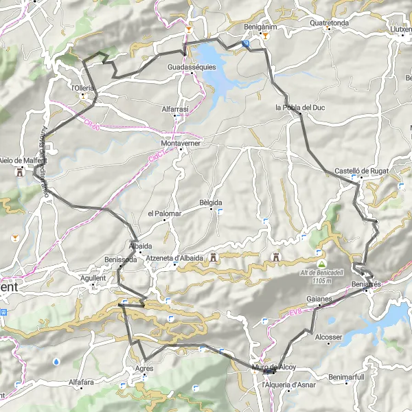 Miniature de la carte de l'inspiration cycliste "Les collines de Muro del Alcoy" dans la Comunitat Valenciana, Spain. Générée par le planificateur d'itinéraire cycliste Tarmacs.app