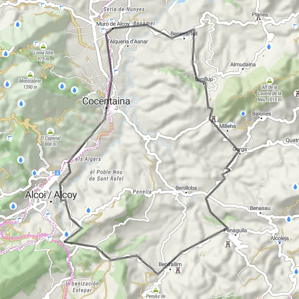 Miniatura della mappa di ispirazione al ciclismo "Circuito Panoramico di Benimarfull" nella regione di Comunitat Valenciana, Spain. Generata da Tarmacs.app, pianificatore di rotte ciclistiche
