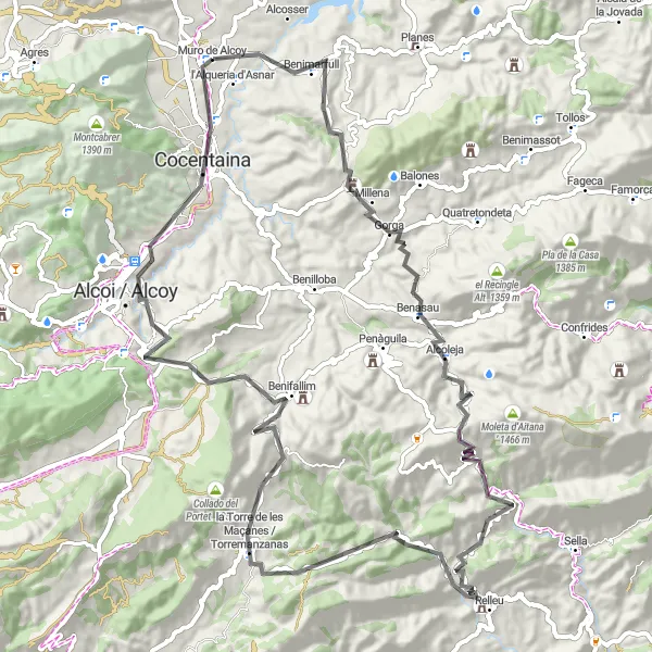 Map miniature of "The Mountain Challenge" cycling inspiration in Comunitat Valenciana, Spain. Generated by Tarmacs.app cycling route planner