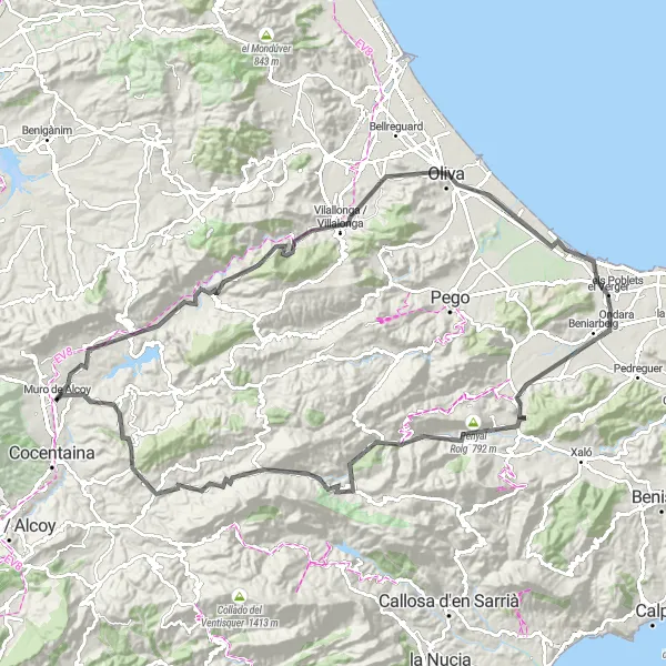 Map miniature of "Challenging road cycling route with scenic vistas" cycling inspiration in Comunitat Valenciana, Spain. Generated by Tarmacs.app cycling route planner