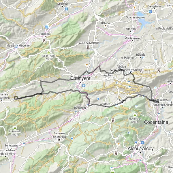 Miniatua del mapa de inspiración ciclista "Ruta en Bicicleta de Carretera desafiante cerca de Muro del Alcoy" en Comunitat Valenciana, Spain. Generado por Tarmacs.app planificador de rutas ciclistas