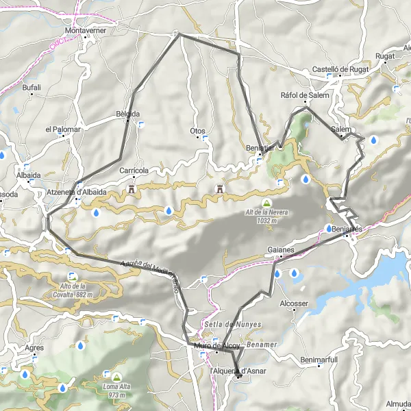 Miniature de la carte de l'inspiration cycliste "Beniatjar et les montagnes de Beniarrés" dans la Comunitat Valenciana, Spain. Générée par le planificateur d'itinéraire cycliste Tarmacs.app