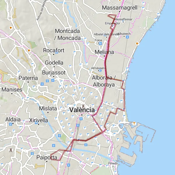 Map miniature of "Off-Road Adventure in Valencia" cycling inspiration in Comunitat Valenciana, Spain. Generated by Tarmacs.app cycling route planner