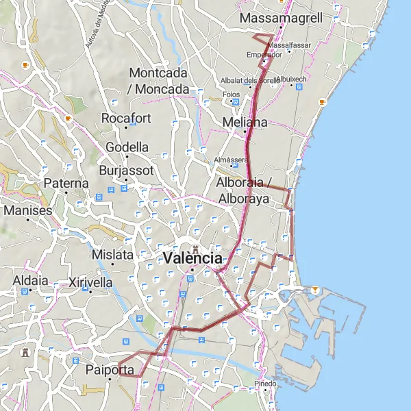 Miniatura della mappa di ispirazione al ciclismo "Avventuroso percorso in mountain bike da Museros a Massalfassar" nella regione di Comunitat Valenciana, Spain. Generata da Tarmacs.app, pianificatore di rotte ciclistiche