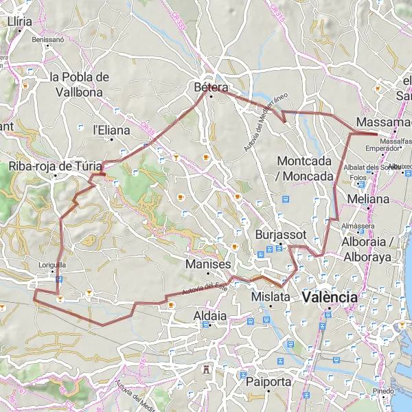 Miniatuurkaart van de fietsinspiratie "Gravelpad route vanuit Museros naar Burjassot" in Comunitat Valenciana, Spain. Gemaakt door de Tarmacs.app fietsrouteplanner