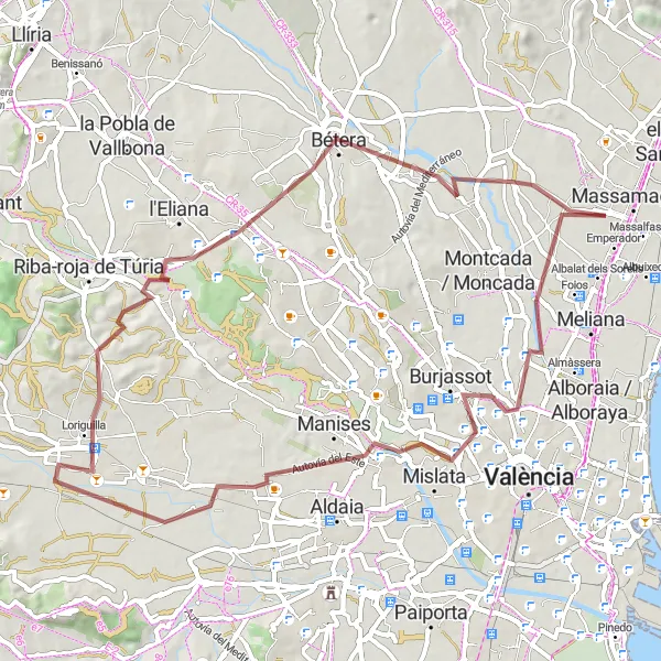 Map miniature of "The Scenic Gravel Trail" cycling inspiration in Comunitat Valenciana, Spain. Generated by Tarmacs.app cycling route planner