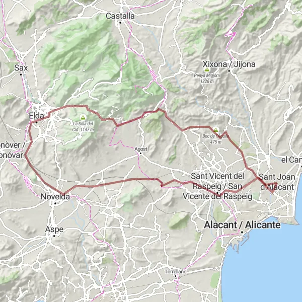 Map miniature of "Countryside Gravel Route from Mutxamel" cycling inspiration in Comunitat Valenciana, Spain. Generated by Tarmacs.app cycling route planner
