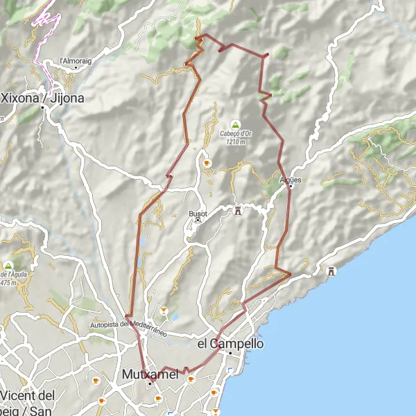 Miniatua del mapa de inspiración ciclista "Ruta en gravilla desde Mutxamel hasta Aigües" en Comunitat Valenciana, Spain. Generado por Tarmacs.app planificador de rutas ciclistas