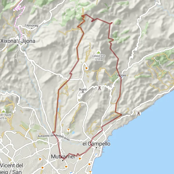 Miniaturekort af cykelinspirationen "Rundtur på grusvej nær Mutxamel (Comunitat Valenciana, Spanien)" i Comunitat Valenciana, Spain. Genereret af Tarmacs.app cykelruteplanlægger