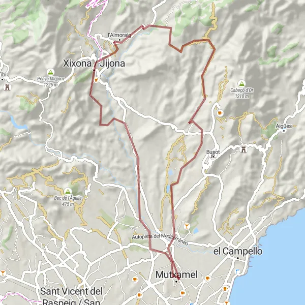Map miniature of "Betlem de Xixona Gravel Adventure from Mutxamel" cycling inspiration in Comunitat Valenciana, Spain. Generated by Tarmacs.app cycling route planner