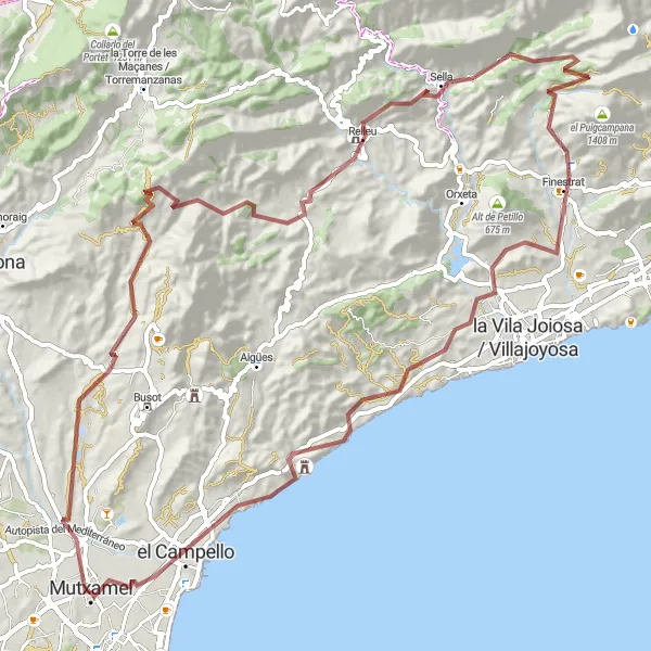 Miniature de la carte de l'inspiration cycliste "Aventure Gravel à Travers les Collines" dans la Comunitat Valenciana, Spain. Générée par le planificateur d'itinéraire cycliste Tarmacs.app