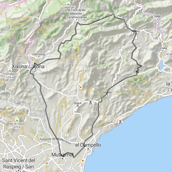 Map miniature of "Mutxamel to Aigües Loop" cycling inspiration in Comunitat Valenciana, Spain. Generated by Tarmacs.app cycling route planner