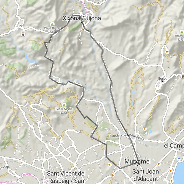 Miniaturní mapa "Road okruh přes Xixona a Urbanización Molí Nou" inspirace pro cyklisty v oblasti Comunitat Valenciana, Spain. Vytvořeno pomocí plánovače tras Tarmacs.app