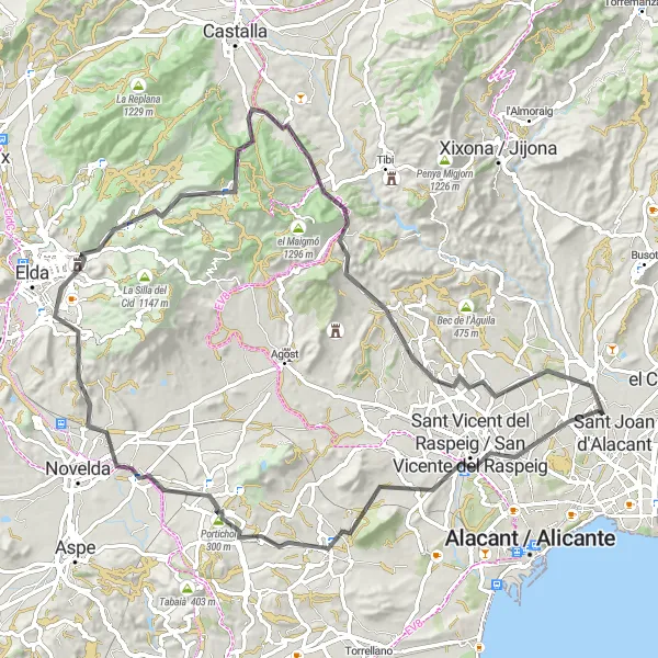 Miniatua del mapa de inspiración ciclista "Ruta por carretera desde Mutxamel a través de Fontcalent y Monforte del Cid" en Comunitat Valenciana, Spain. Generado por Tarmacs.app planificador de rutas ciclistas