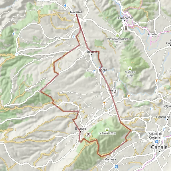 Miniatura della mappa di ispirazione al ciclismo "Esplorando l'entroterra in gravel" nella regione di Comunitat Valenciana, Spain. Generata da Tarmacs.app, pianificatore di rotte ciclistiche