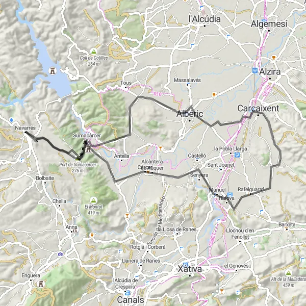 Miniature de la carte de l'inspiration cycliste "Tour de la Vall d'Albaida" dans la Comunitat Valenciana, Spain. Générée par le planificateur d'itinéraire cycliste Tarmacs.app