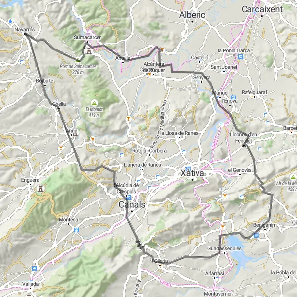 Map miniature of "Navarrés Scenic Road Tour" cycling inspiration in Comunitat Valenciana, Spain. Generated by Tarmacs.app cycling route planner