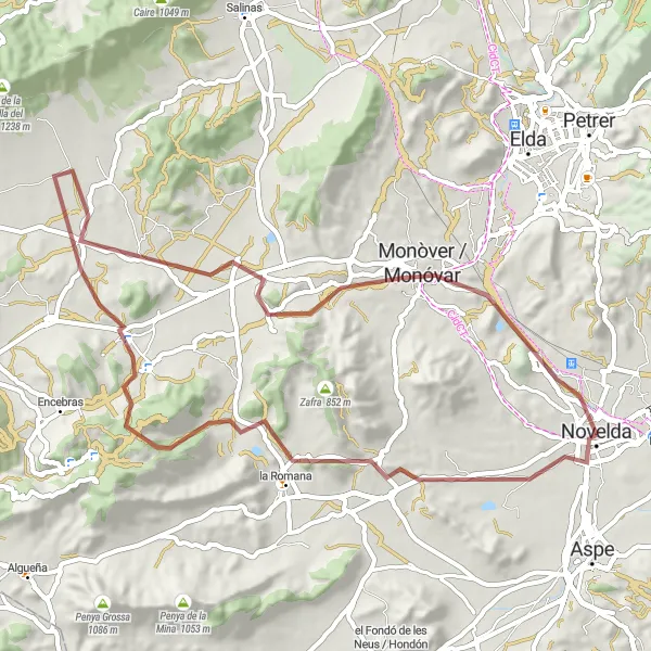 Miniatura della mappa di ispirazione al ciclismo "Avventura in Gravel tra Monòver e Novelda" nella regione di Comunitat Valenciana, Spain. Generata da Tarmacs.app, pianificatore di rotte ciclistiche