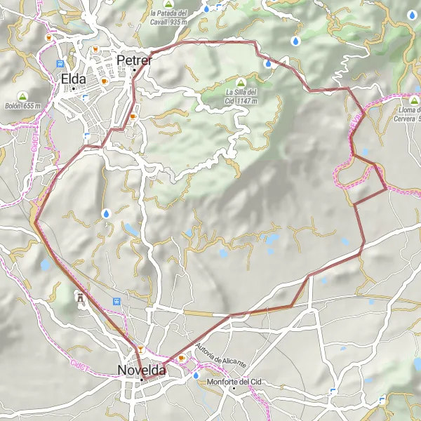 Miniatura mapy "Trasa rowerowa Groblowa przez Mola Castle, Petrer, La Velleta, Coll de les Morenes i Novelda" - trasy rowerowej w Comunitat Valenciana, Spain. Wygenerowane przez planer tras rowerowych Tarmacs.app