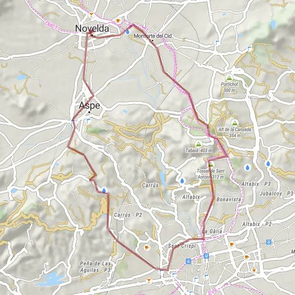 Miniatuurkaart van de fietsinspiratie "Gravelroute Novelda - Aspe (42 km)" in Comunitat Valenciana, Spain. Gemaakt door de Tarmacs.app fietsrouteplanner