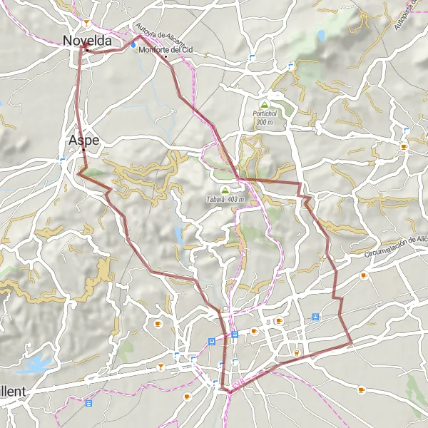 Miniaturní mapa "Gravelový okruh kolem Monforte del Cid a Aspe" inspirace pro cyklisty v oblasti Comunitat Valenciana, Spain. Vytvořeno pomocí plánovače tras Tarmacs.app