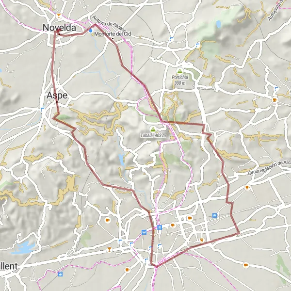 Map miniature of "Gravel Adventure to Canyada" cycling inspiration in Comunitat Valenciana, Spain. Generated by Tarmacs.app cycling route planner