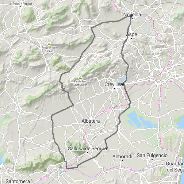 Map miniature of "Novelda to Hondón de los Frailes Road Circuit" cycling inspiration in Comunitat Valenciana, Spain. Generated by Tarmacs.app cycling route planner