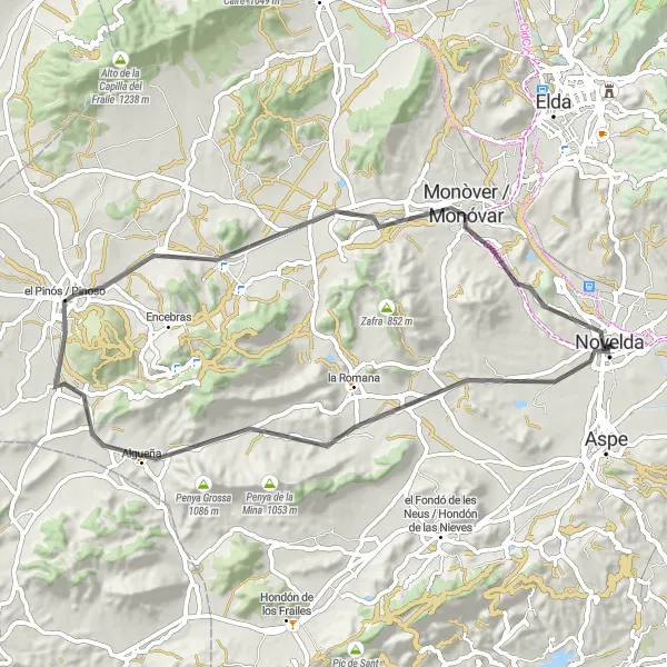 Map miniature of "Novelda to El Pinós / Pinoso Road Adventure" cycling inspiration in Comunitat Valenciana, Spain. Generated by Tarmacs.app cycling route planner