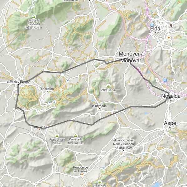 Miniatuurkaart van de fietsinspiratie "Novelda naar el Pinós / Pinoso Weg fietsroute" in Comunitat Valenciana, Spain. Gemaakt door de Tarmacs.app fietsrouteplanner