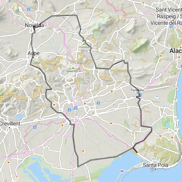 Map miniature of "Novelda to Portichol Road Excursion" cycling inspiration in Comunitat Valenciana, Spain. Generated by Tarmacs.app cycling route planner