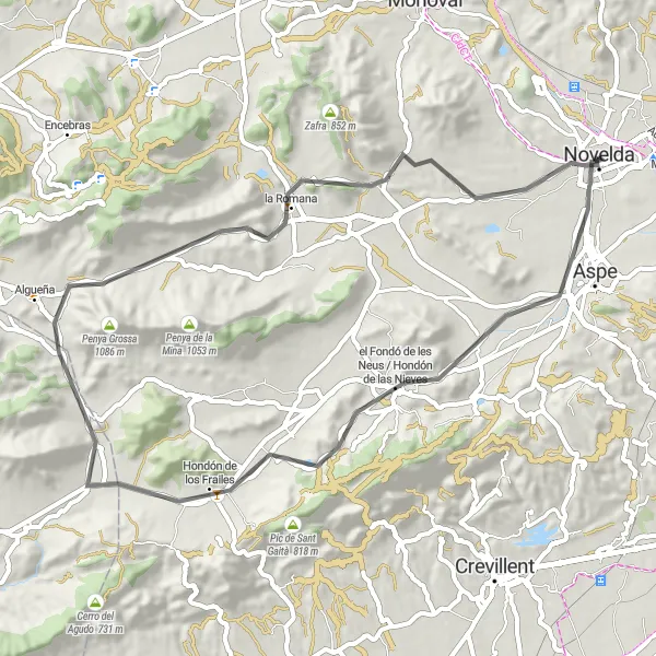 Miniaturní mapa "Jízda na kole kolem Noveldy" inspirace pro cyklisty v oblasti Comunitat Valenciana, Spain. Vytvořeno pomocí plánovače tras Tarmacs.app