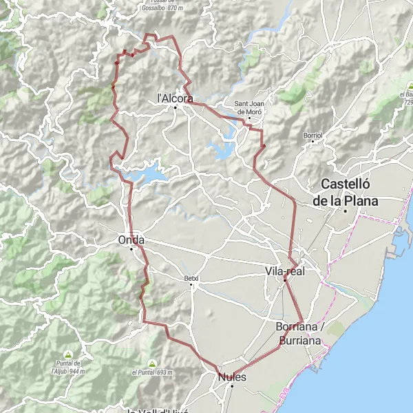 Miniaturní mapa "gravelový okruh kolem Nules - la Vilavella" inspirace pro cyklisty v oblasti Comunitat Valenciana, Spain. Vytvořeno pomocí plánovače tras Tarmacs.app