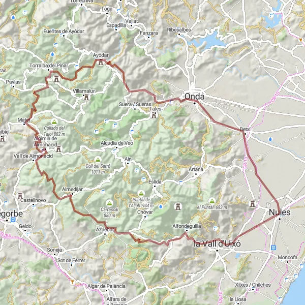 Miniature de la carte de l'inspiration cycliste "Les montagnes escarpées près de Nules" dans la Comunitat Valenciana, Spain. Générée par le planificateur d'itinéraire cycliste Tarmacs.app